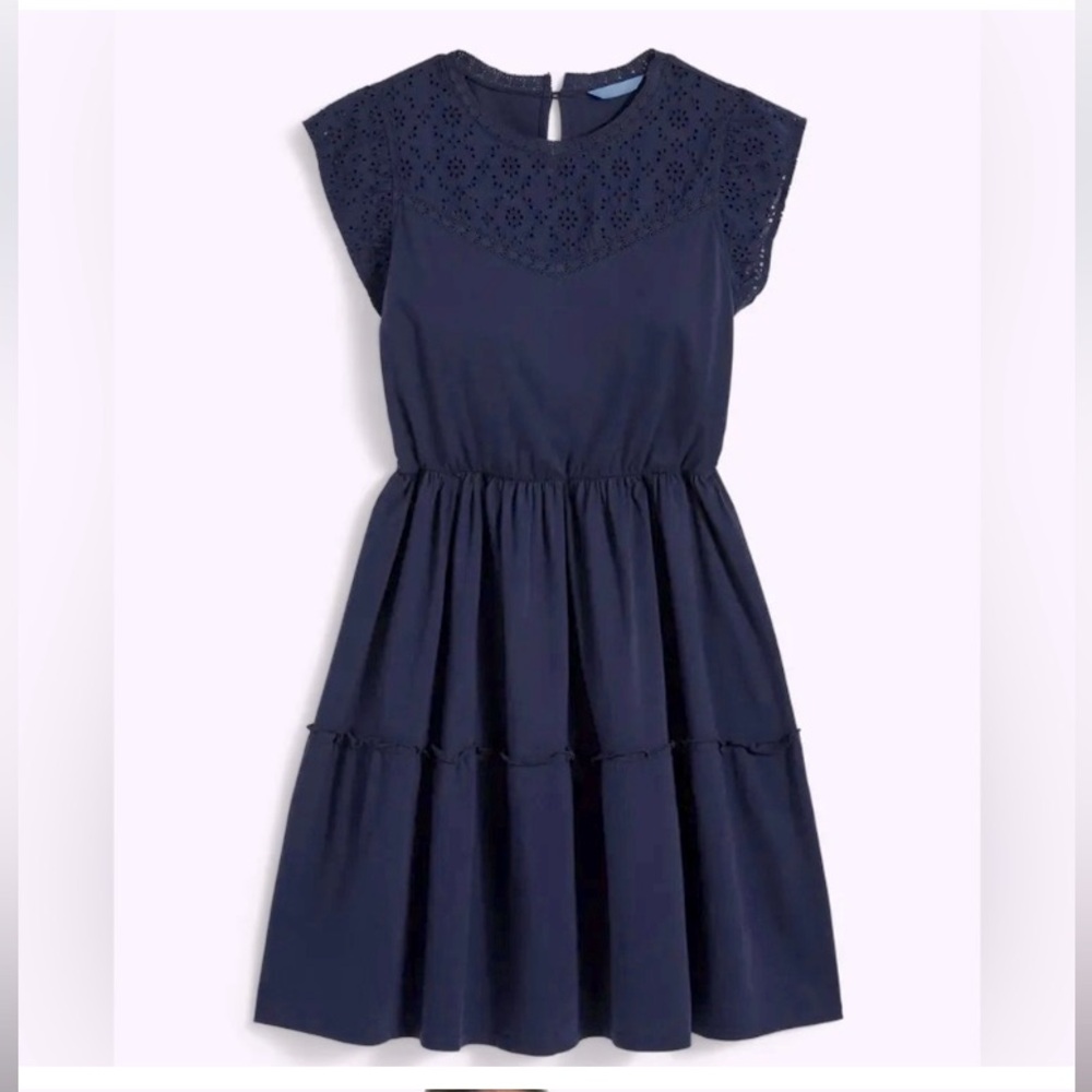 Draper James knit eyelet dress blue large ruffle sleeve and hem fit and flare